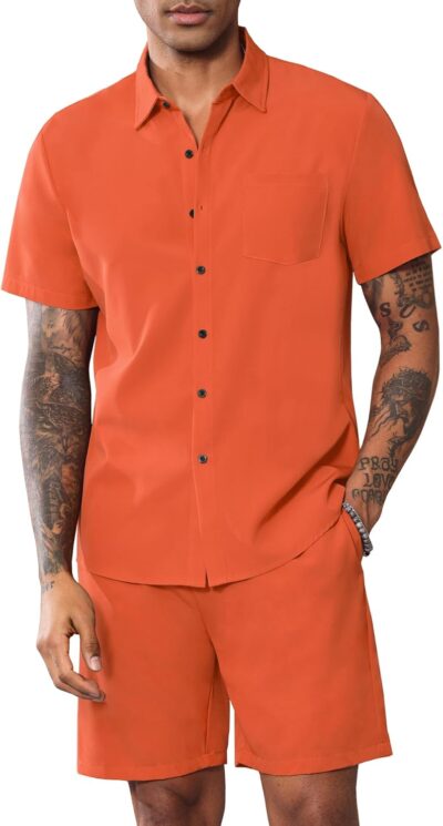 Men Summer Casual Short Sets Solid Short Sleeve Pocket Button Down Shirt Elastic Shorts 2 Piece Outfits Tracksuit - Image 2
