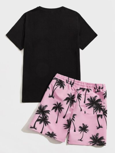 Men's 2 Piece Outfits Letter Graphic Print Short Sleeve Tee and Drawstring Waist Shorts Set - Image 2
