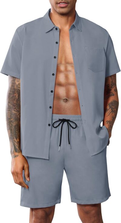 Men Summer Casual Short Sets Solid Short Sleeve Pocket Button Down Shirt Elastic Shorts 2 Piece Outfits Tracksuit