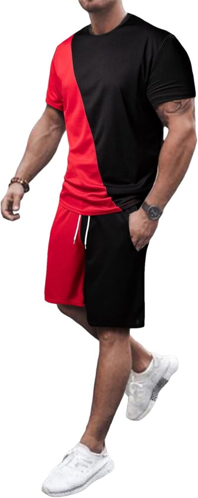 Men's 2 Piece Outfits Color Block Short Sleeve T Shirt and Shorts Set with Pockets