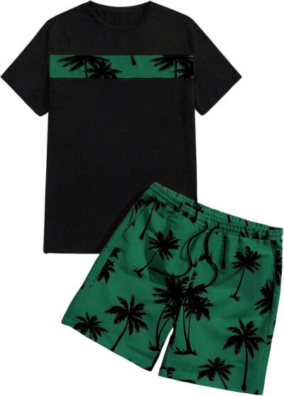 Men's 2 Piece Outfits Letter Graphic Print Short Sleeve Tee and Drawstring Waist Shorts Set