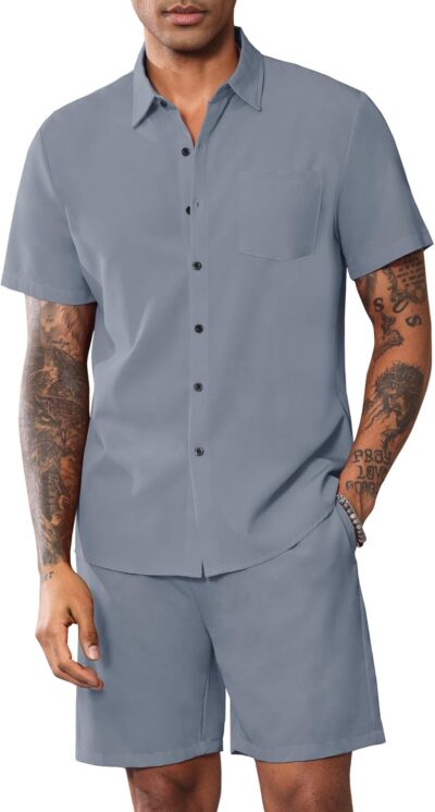 Men Summer Casual Short Sets Solid Short Sleeve Pocket Button Down Shirt Elastic Shorts 2 Piece Outfits Tracksuit - Image 2