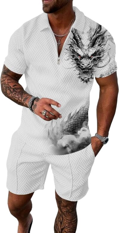 Mens Track Suits 2 Piece Sets Short Sleeve Sweatsuit Outfits 1/4 Zip Golf Polo Shirts Summer Shorts Loungewear