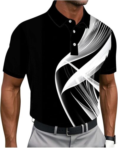 Men's Polo Shirts Short Sleeve Button Collar Geometry Printed Golf Tshirts Big and Tall Business Casual Fashion Tops