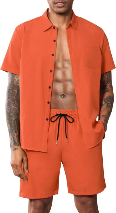 Men Summer Casual Short Sets Solid Short Sleeve Pocket Button Down Shirt Elastic Shorts 2 Piece Outfits Tracksuit