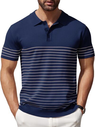 Men's Knit Polo Shirts Short Sleeve Striped Golf Polo Shirts Lightweight Casual Collared T Shirt