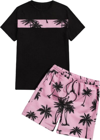 Men's 2 Piece Outfits Letter Graphic Print Short Sleeve Tee and Drawstring Waist Shorts Set