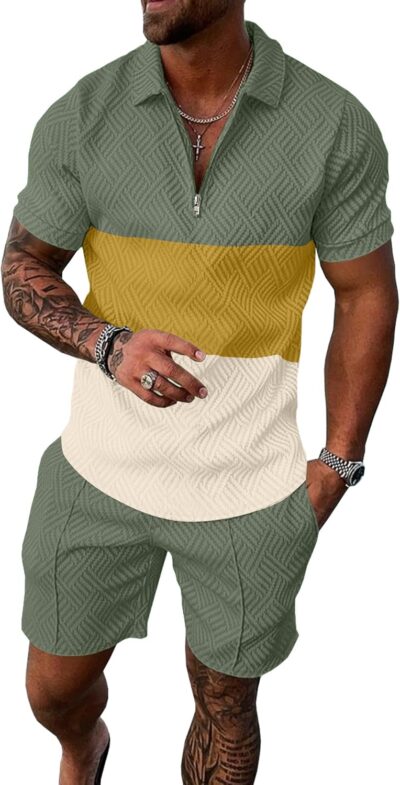 Mens Track Suits 2 Piece Sets Short Sleeve Sweatsuit Outfits 1/4 Zip Golf Polo Shirts Summer Shorts Loungewear