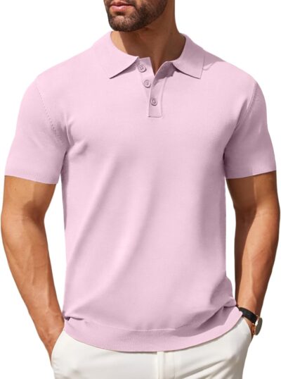 Mens Knit Polo Shirts Casual Short Sleeve Button Down Polo Shirt Classic Golf Shirts