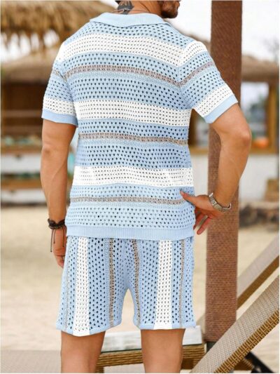 Men's Knitted 2 Piece Outfitd Short Sleeve Hollow Out Button Up Shirt and Shorts Set - Image 2