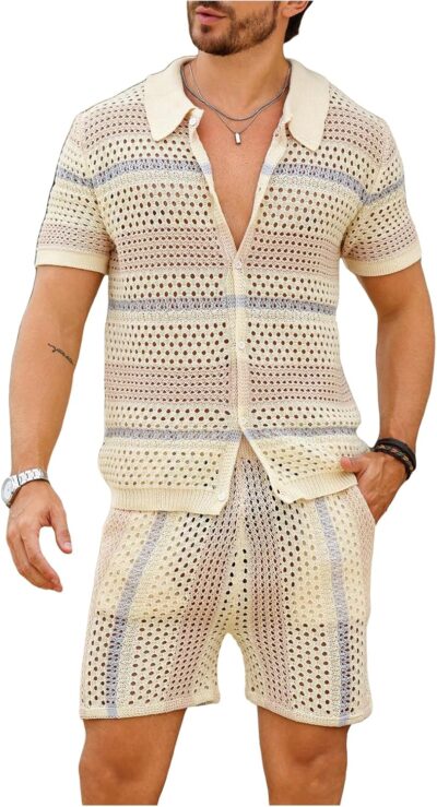Men's Knitted 2 Piece Outfitd Short Sleeve Hollow Out Button Up Shirt and Shorts Set