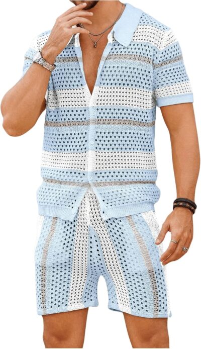 Men's Knitted 2 Piece Outfitd Short Sleeve Hollow Out Button Up Shirt and Shorts Set